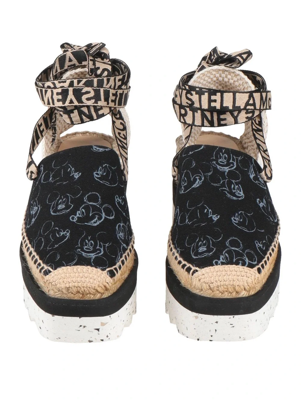 Stella McCartney Black & Natural Espadrille Platform Sandal with Logo Ties.